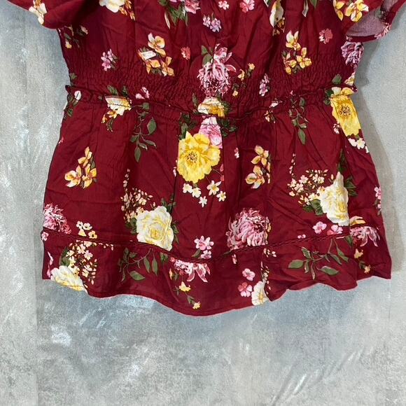 DEREK HEART Women's Biking Red Floral Smocked Peplum Top SZ M - Picture 5 of 7